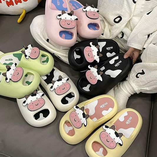 Cartoon Cow Girl Cute Baotou Wears Thick Sole Anti Slip Slippers Outside Home