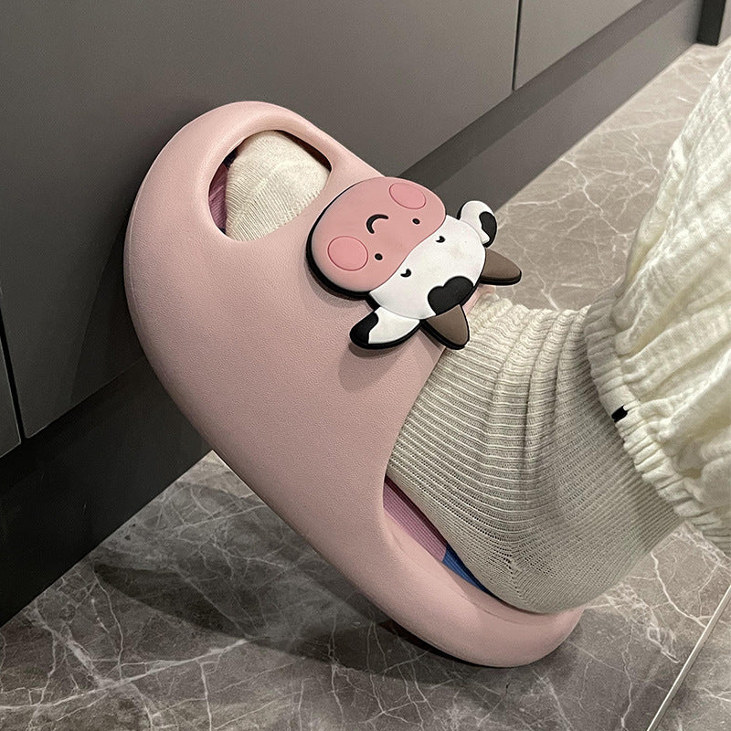 Cartoon Cow Girl Cute Baotou Wears Thick Sole Anti Slip Slippers Outside Home